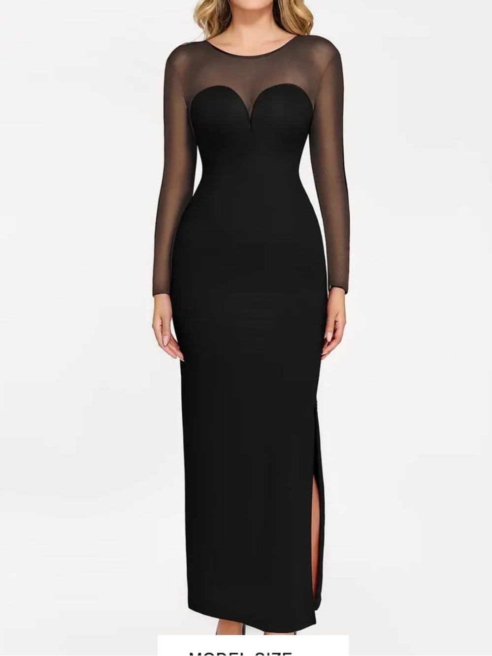 Long Sleeve Black Mesh Yoke Evening Gown